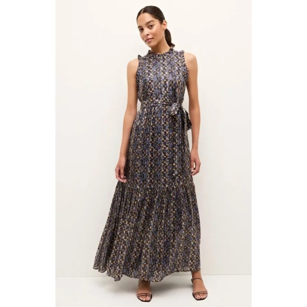 Marie Oliver Alice Maxi Dress Silk Metallic Floral Pleated Maxi Tiered Size XXS